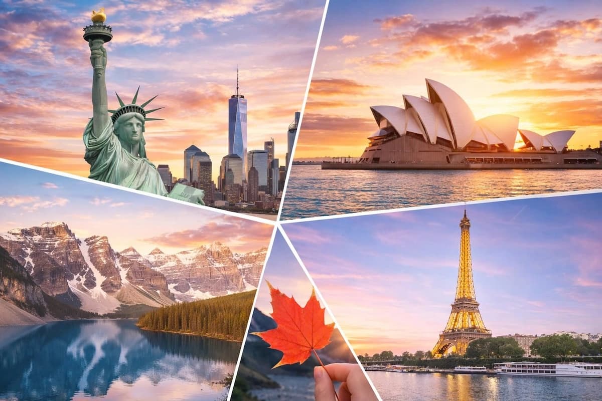 Biểu tượng Mỹ, Úc, Canada và Châu Âu trong landing page tư vấn visa du lịch hồ sơ khó của Visa Liên Minh.