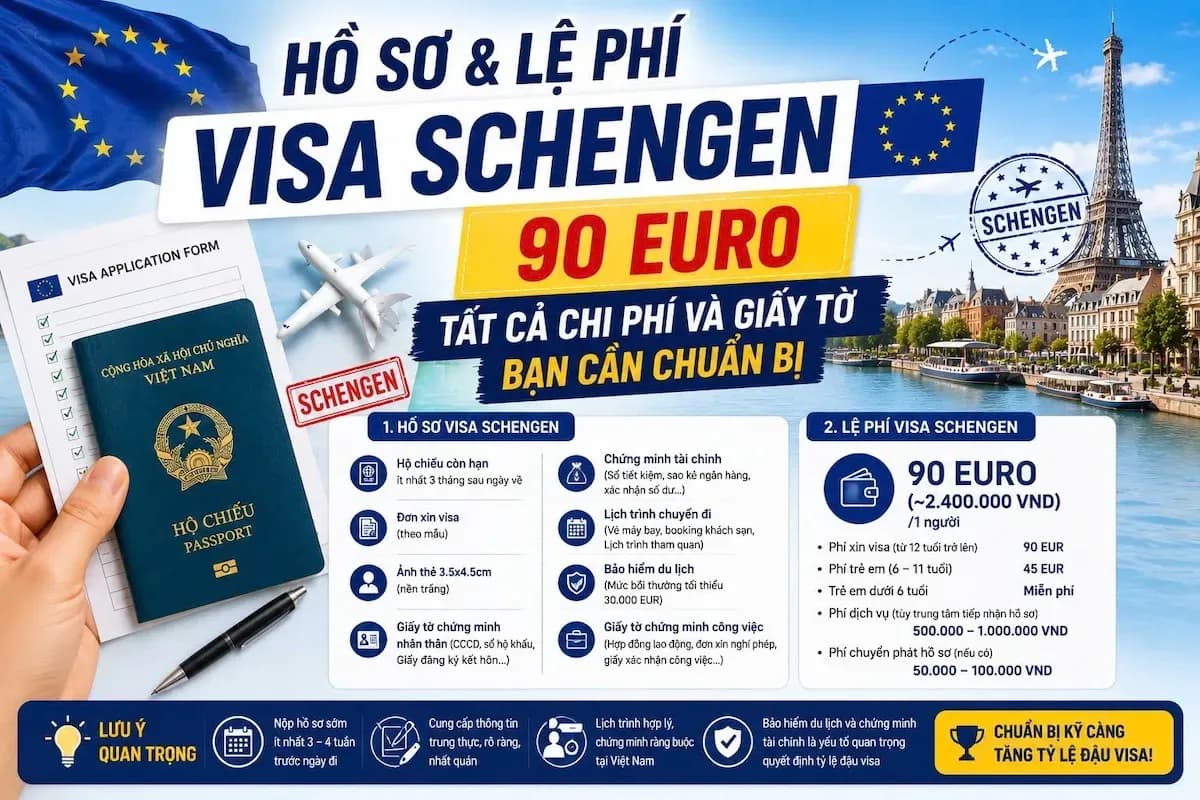 Visa Schengen 2026 Hết Bao Nhiêu Tiền? Hướng Dẫn Hồ Sơ Chi Tiết