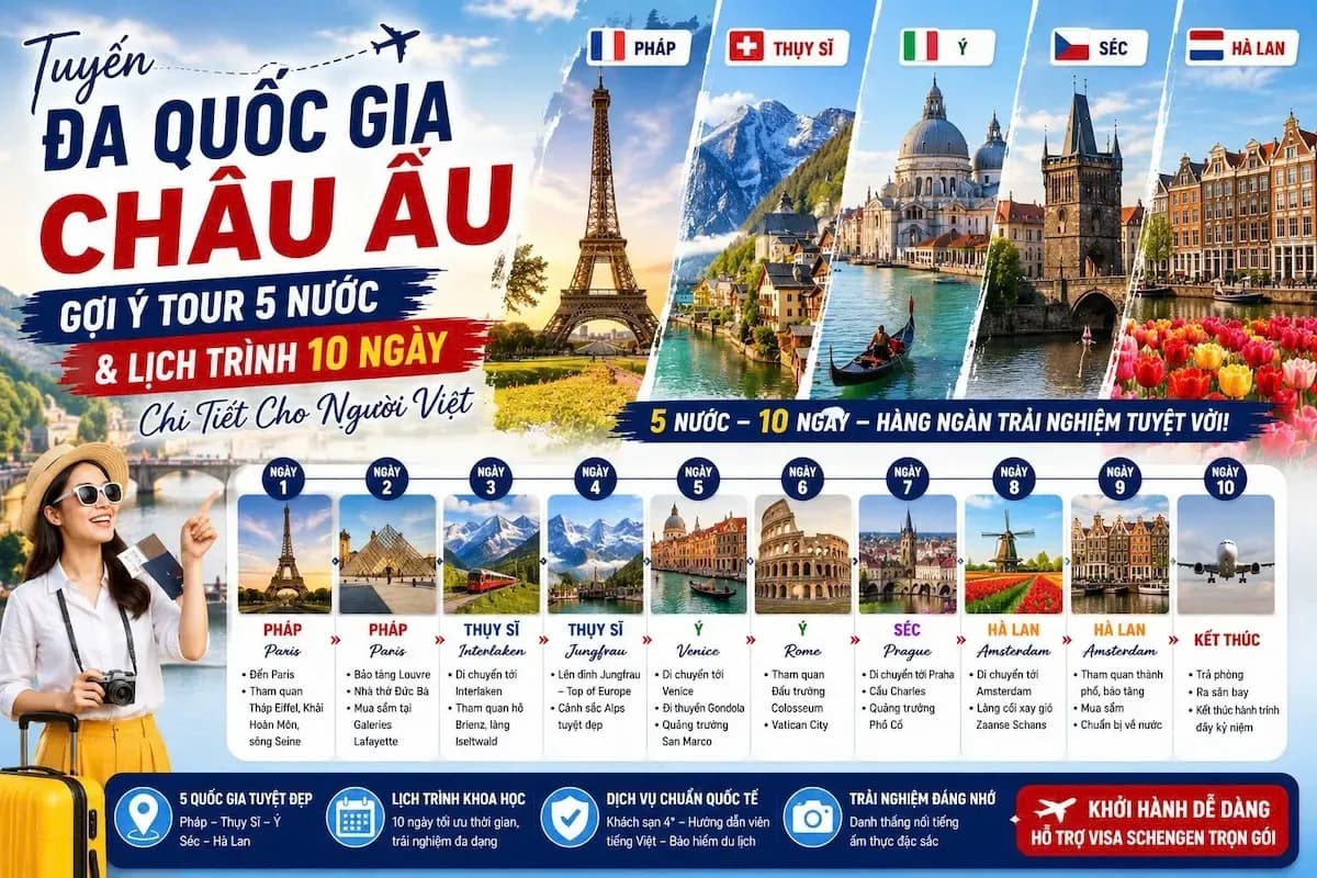 Tour Châu Âu 5 Nước 10 Ngày 2026: Lịch Trình Chi Tiết Từ A-Z