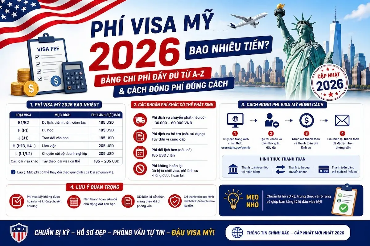 Phí Visa Mỹ 2026 Hết Bao Nhiêu Tiền? Bảng Chi Phí Đầy Đủ