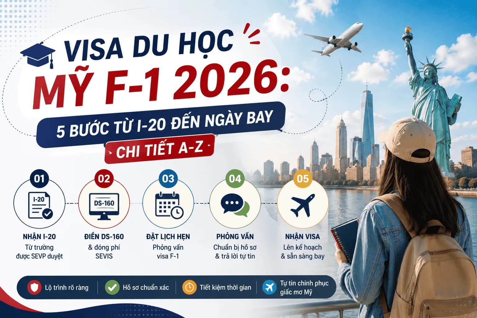 Visa Du Học Mỹ F-1 2026: 5 Bước Từ I-20 Đến Ngày Bay, Chi Tiết A-Z