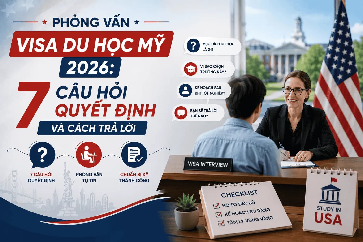Phỏng Vấn Visa Du Học Mỹ 2026: 7 Câu Hỏi Quyết Định Và Cách Trả Lời